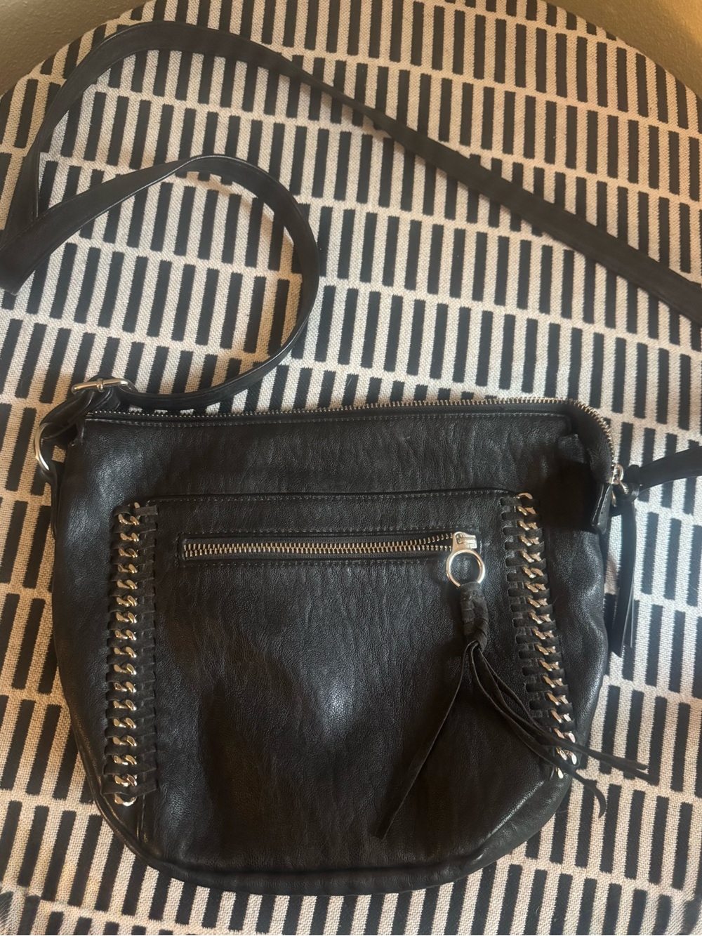 Jessica Simpson Black Leather Crossbody with Braided Trim and Tassel